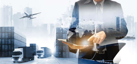 Double exposure of businessman with industry and safety concept container truck ,ship in port and...
