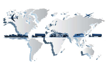 The world logistics , there are world map with logistic network distribution on background and Logistics Industrial Container Cargo freight ship for Concept of fast or instant shippingの写真素材