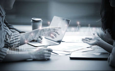Business Team Working Startup modern Office.Global Strategy.Innovation Graphs Interfaces.Analyze market stock.の写真素材