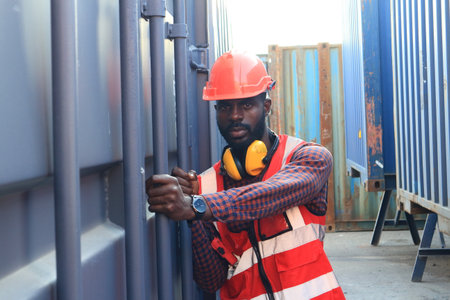 African American handsome black engineer he is working in container box yard area of  logistics transportation import export or shipping industryの写真素材