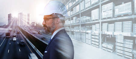 Double exposure  engineer working  logistic shipping business industry  and safety concept of...