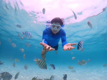 Tourist people diving with snorkel to see nemo fish , beautiful fish and coral at Samaesarn Island of Thailandの写真素材