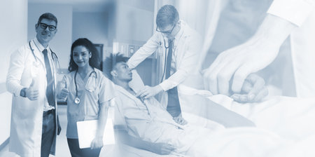 Medicine doctor with stethoscope in hand and Patients come to the hospital background.Healthcare...