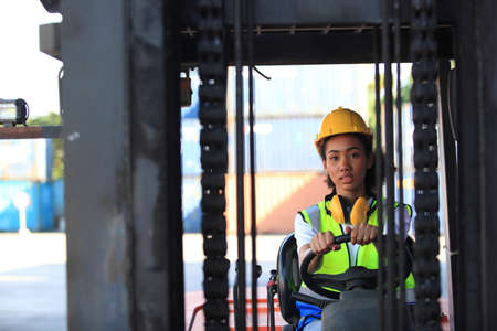 Team of  people, worker  Foreman, enginee in shipping yard. Concept of transportation, logistics.