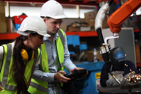 Smart industry robot arms  digital factory technology . Concept of automation manufacturing process...
