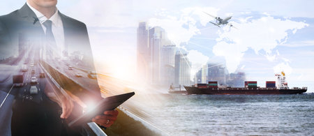Businessman with world logistics  background or transportation Industry or shipping business, Container Cargo  shipment  truck delivery airplane  import export Conceptの写真素材