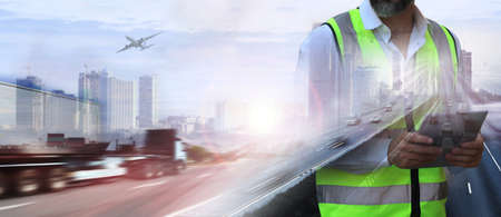 Businessman with world logistics  background or transportation Industry or shipping business,...