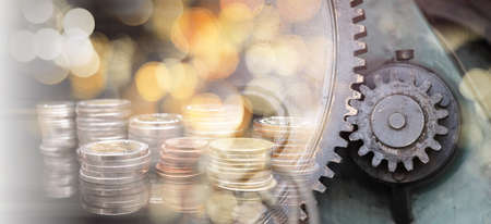 Businesspeople working together,  CEO in front view discussing concept of analysts trying to predict stock market behavior. Double exposureの写真素材