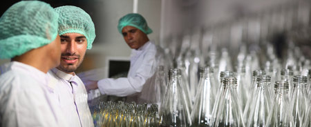 Factory worker inspecting production line of drink production in factory , Concept of food industry