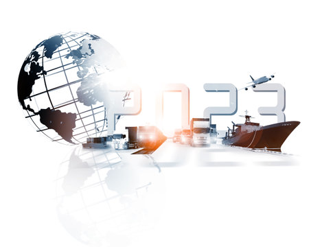 2023 year as new of  logistics ,The world logistics , with logistic network distribution on background and Logistics Industrial Container Cargo freight ship for Concept of fast or instant shippingの写真素材