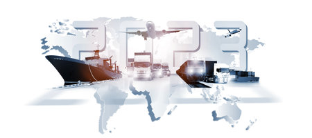 2023 year as new of  logistics ,The world logistics , there are world map with logistic network distribution on background and Logistics Industrial Container Cargo freight ship for Concept of fast or instant shippingの写真素材