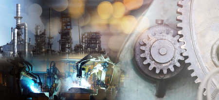 Industrial factories background. oil refinery complex with pipes and tanks gas production rigs  steel with gear and robots assembly  and refinery backgroundの写真素材