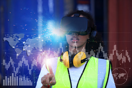 woman working logistics area and she use AI checking logistics networkの写真素材