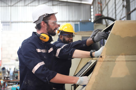 engineer teaching robot welding machineの写真素材