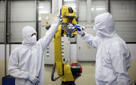 Scientist man and engineer with wearing ppe suit in factory , analyzing working at vaccine...