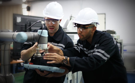 engineer teaching robot welding machine , he explanation how to working of robot arm , all function...