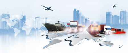 The world logistics , there are world map with logistic network distribution on background and Logistics Industrial Container Cargo freight ship for Concept of fast or instant shippingの写真素材