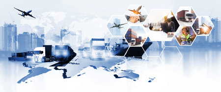 The world logistics , there are world map with logistic network distribution on background and Logistics Industrial Container Cargo freight ship for Concept of fast or instant shippingの写真素材