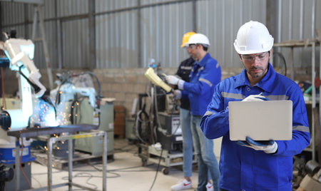 engineer teaching robot welding machine , all function is controlled by remoteの写真素材