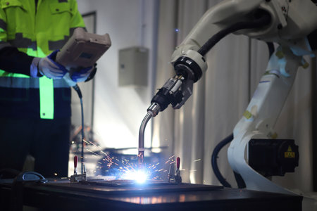 engineer teaching robot welding machine , explanation how to working of robot arm , all function is controlled by remoteの写真素材