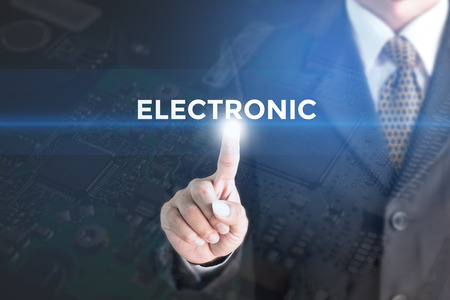 A Businessman holding a white sign with the message electronics. Can bring to the medium of your ad.の写真素材