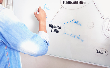 men are writing a plan on a white board have message about the mutual fund and equity. To present to the team.の写真素材