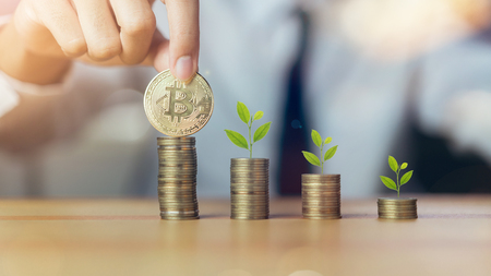Businessman putting bitcoins and plant on pile coins growing concept. the financial goals success.の写真素材