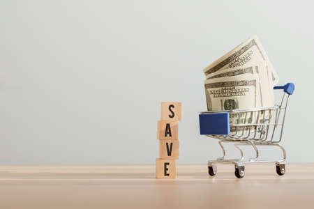 Financial planning concepts for budget saving, The wooden block with a save text and a dollar on the cart.の写真素材