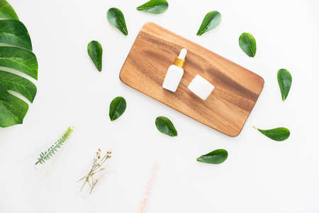 Bottle cream, mockup of beauty product brand. Top view on the white background.の写真素材