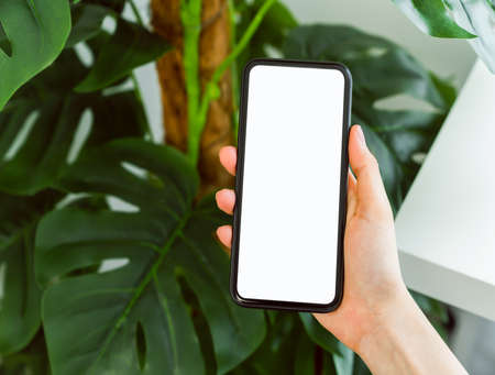Hand holding smartphone mockup of blank screen on the table. Take your screen to put on advertising.の写真素材