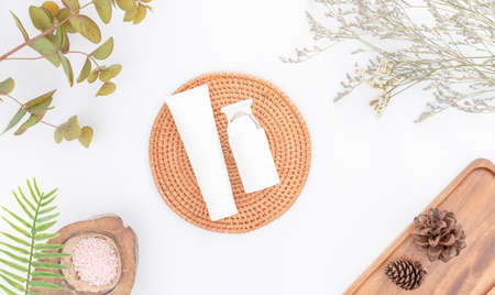 Bottle cream, mockup of beauty product brand. Top view on the white background.