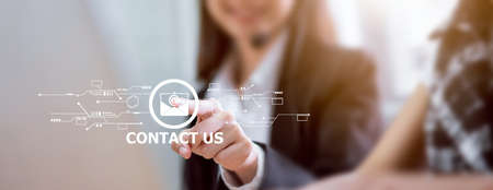 Contact us concept, Business woman hand pointing icon email and customer service call center.