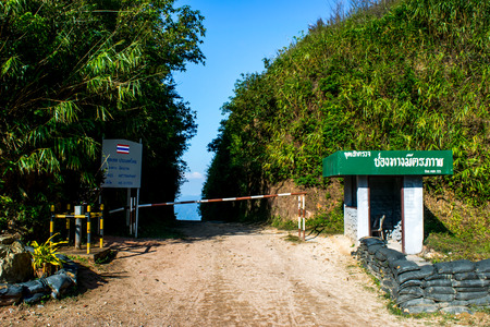Kanchanaburi, Thailand - December 12, 2017: View of the Friendship border gate between Thailand and Myanmar at E-thong village, Thong Pha Phum National Park, Kanchanaburi, Thailand.のeditorial素材