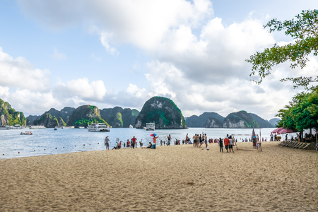 Quang Ninh, Vietnam, October 14, 2018: View of traveler get relax on the beach at Ti Top Island, an island in Ha Long Bay - The wold heritage site in Vietnam.のeditorial素材