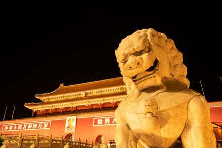 Beijing, China - May 26, 2018: Night view of Tiananmen gate entrance to Forbidden city which is a palace complex in central Beijing, China.のeditorial素材