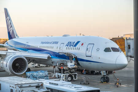 Chiba, Japan - March 24, 2019: View of ANA or All Nippon Airways plane, the largest airline in Japan...
