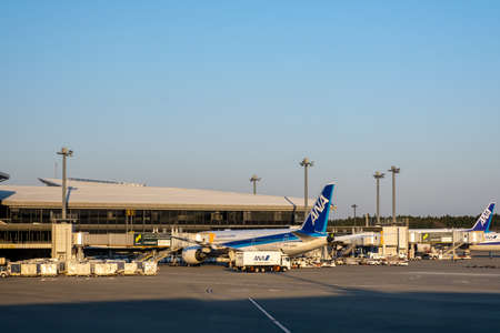 Chiba, Japan - March 24, 2019: View of ANA or All Nippon Airways plane, the largest airline in Japan on the basis of fleet size, parking at Narita International Airport, Chiba, Japan.のeditorial素材