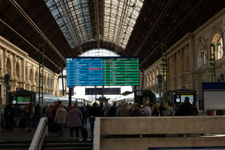 Budapest, Hungary - October  11, 2019: View of passengers walking and waiting train inside Budapest...