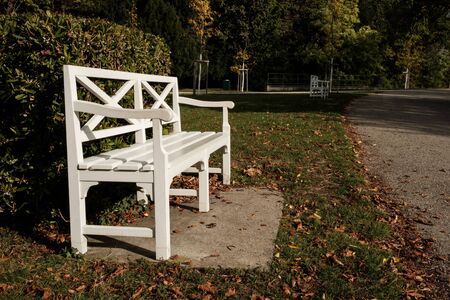 View of white Patio Bench in the garden in the fall season with the alone moodの写真素材