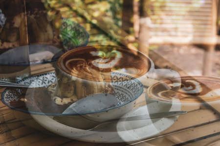 Cappuccino Recipe Mug cafe double exposure concept background in retro vintage natural garden showing the lifestyle design and creative timeの写真素材
