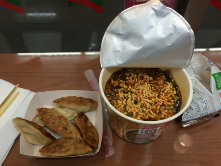 Taichung, Taiwan - July , 2015: View of easy meal from convenience store in Taiwan as instant Noodle, there are already prepared to eat on the table  in Taichung, Taiwan.のeditorial素材