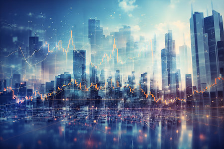 Double exposure of abstract financial graph with office buildings background. Generative AI Illustration.の素材