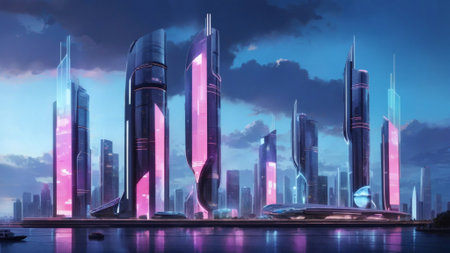 3D Rendering of abstract neon mega city cyberpunk with light reflection from puddles on streetの素材