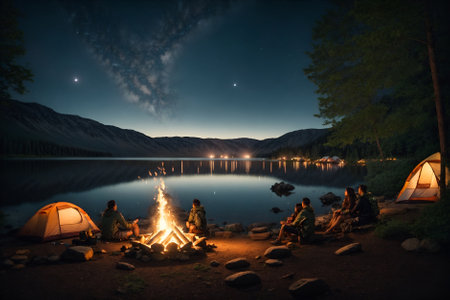 Camping at night in a forest in a lake and mountainsの素材