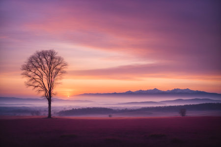 Twilight mountain scene with fogの素材