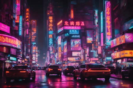 Japanese streets in a cyberpunk cityの素材
