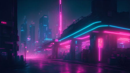 neon lights and signs in a futuristic cyberpunk city. futuristic structures in a cyberpunk cityの素材
