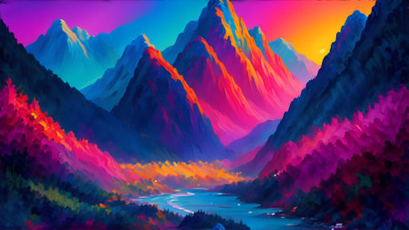 Mountainous neon abstract background. wonderful terrain and landscapeの素材