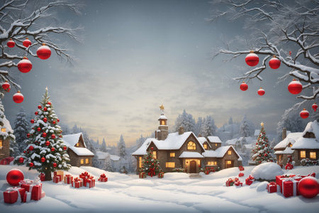 Nighttime Christmas Tree with House and Baublesの素材
