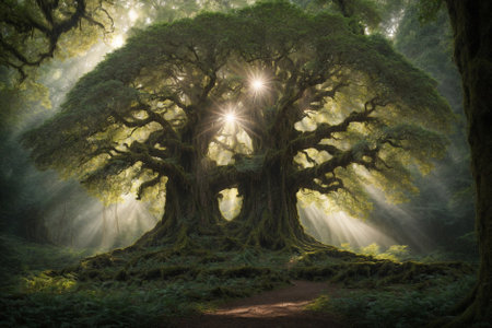 Tropical forest with a big tree covered in green leavesの素材